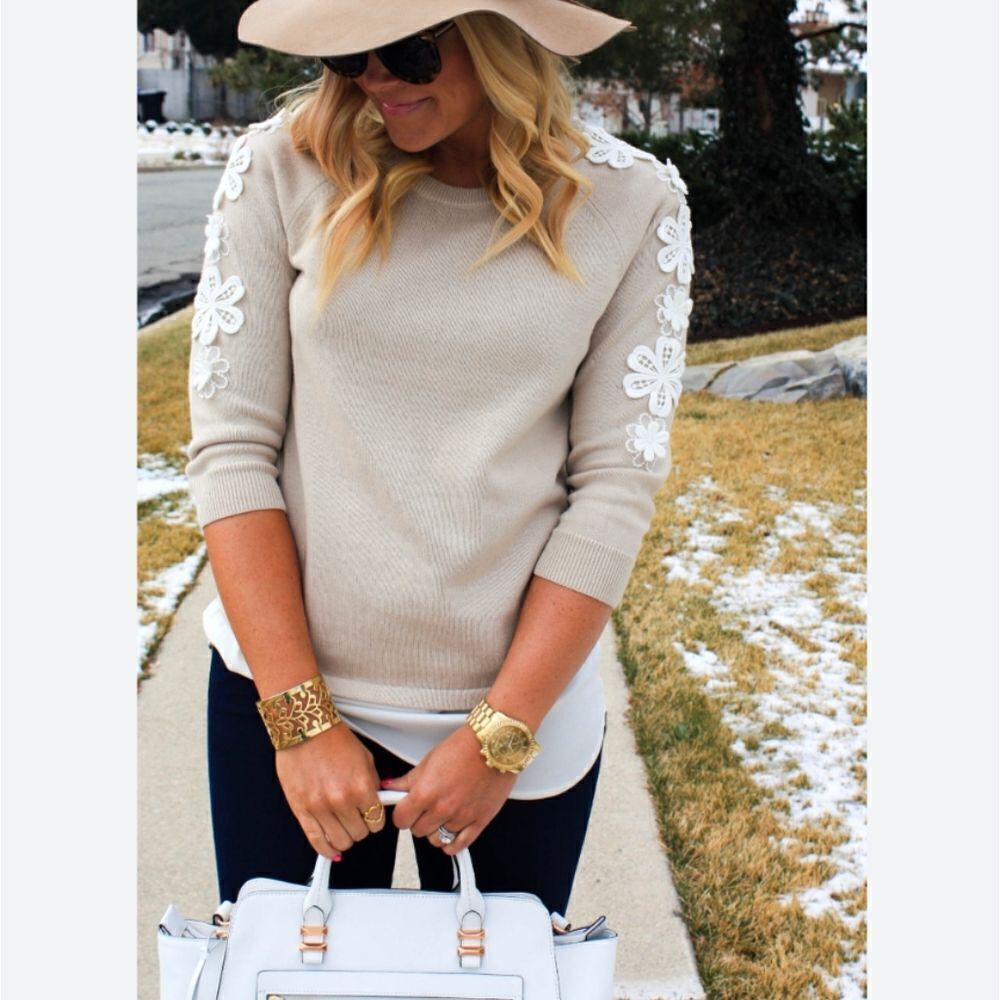 J. Crew Lace Crochet Sleeve Flower Embellished Appliqué Sweater